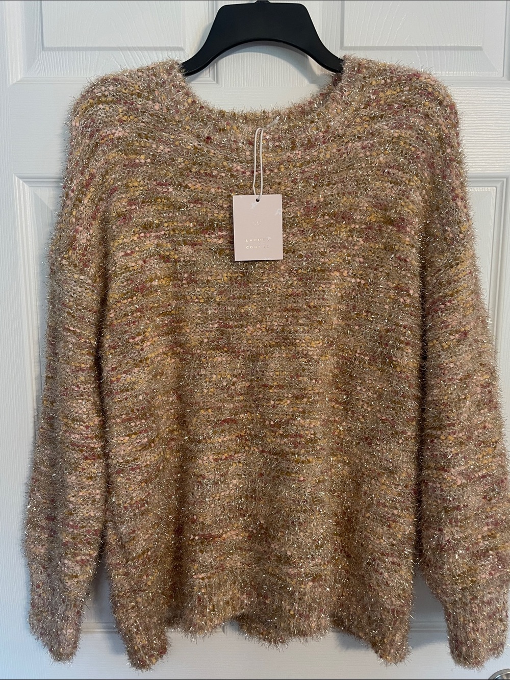 LC Lauren Conrad Multicolor Tan Fuzzy Crewneck Sweater